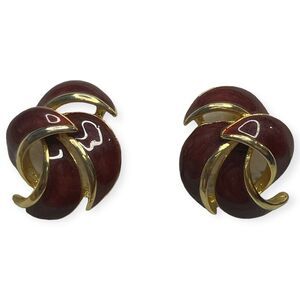 Susan Caplan VTG Clip on Earrings Gold Plated and Red‎ Enamel Swirl Studs 80s